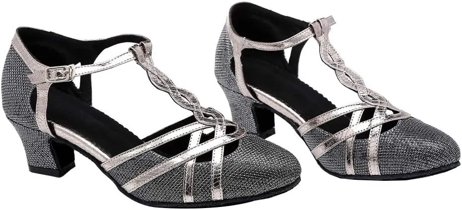HROYL Women T-Strap Glitter Ballroom Dance Shoes Latin Salsa Tango Performence Dancing Pumps,YCL322