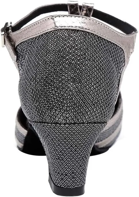 HROYL Women T-Strap Glitter Ballroom Dance Shoes Latin Salsa Tango Performence Dancing Pumps,YCL322