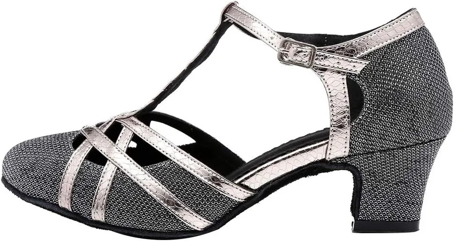 HROYL Women T-Strap Glitter Ballroom Dance Shoes Latin Salsa Tango Performence Dancing Pumps,YCL322