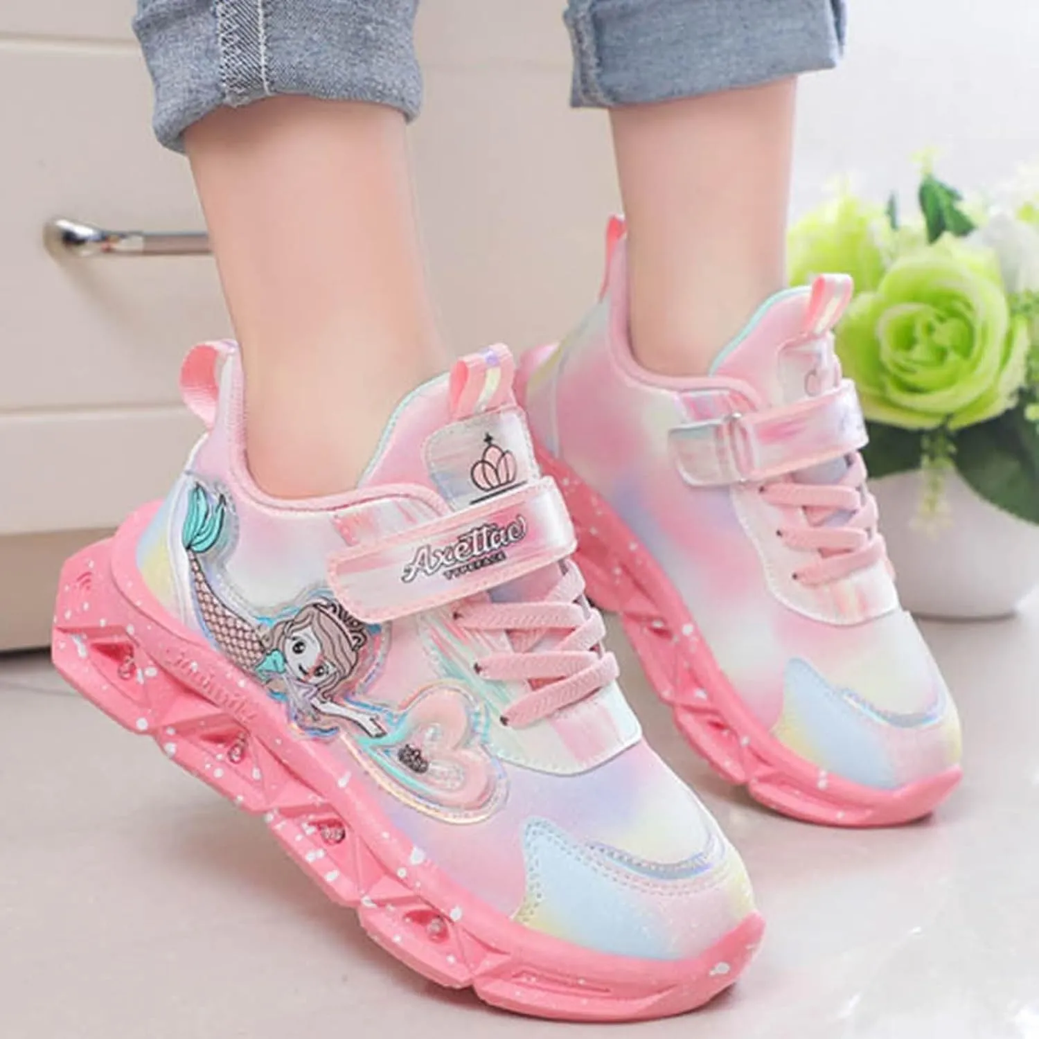 IWIHMIV Girls Tennis Shoes Kid Shoes Girls' Athletic Shoes Light Up Girls Sneakers Breathable Kids Walking Shoes for Toddler