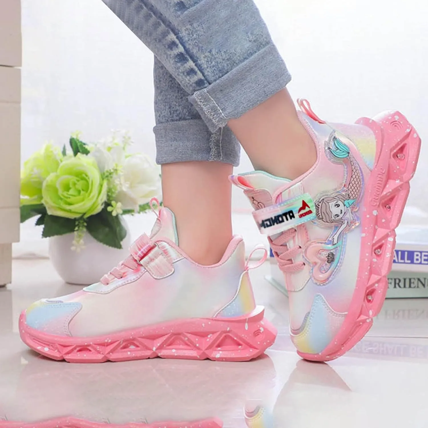 IWIHMIV Girls Tennis Shoes Kid Shoes Girls' Athletic Shoes Light Up Girls Sneakers Breathable Kids Walking Shoes for Toddler