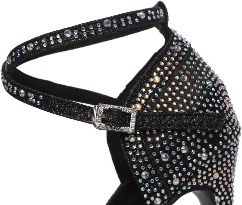 JUODVMP Women's Latin Dance Shoes Cutout Satin Ballroom Salsa Practice Dancing Shoes with Rhinestones,L549