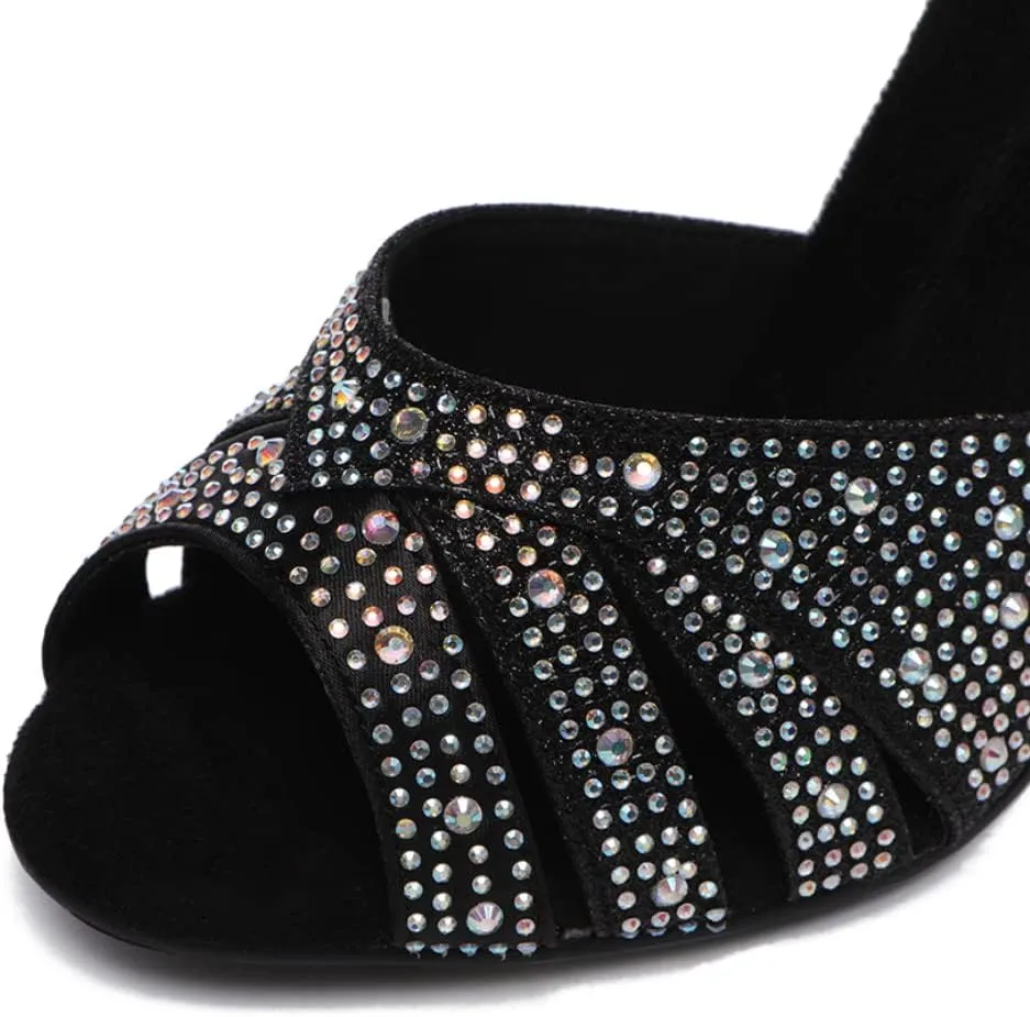 JUODVMP Women's Latin Dance Shoes Cutout Satin Ballroom Salsa Practice Dancing Shoes with Rhinestones,L549