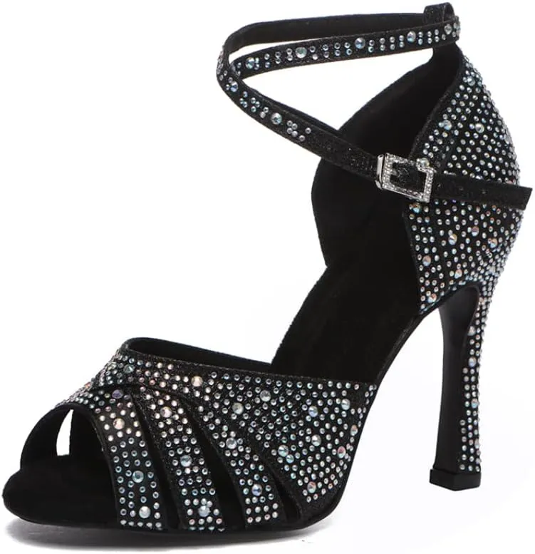 JUODVMP Women's Latin Dance Shoes Cutout Satin Ballroom Salsa Practice Dancing Shoes with Rhinestones,L549
