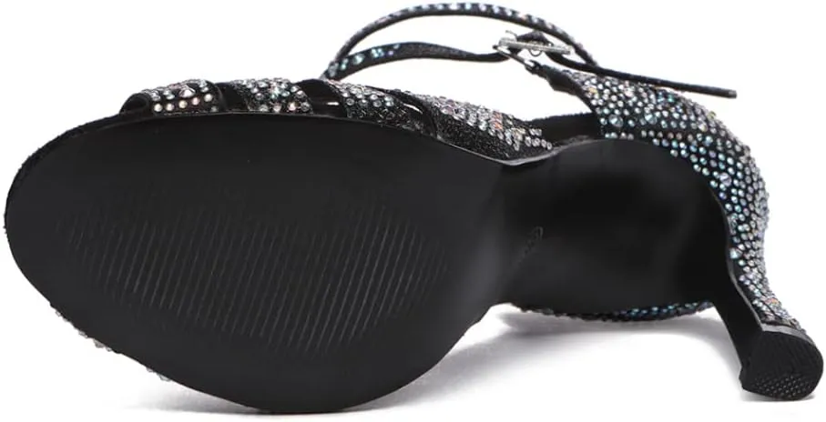 JUODVMP Women's Latin Dance Shoes Cutout Satin Ballroom Salsa Practice Dancing Shoes with Rhinestones,L549