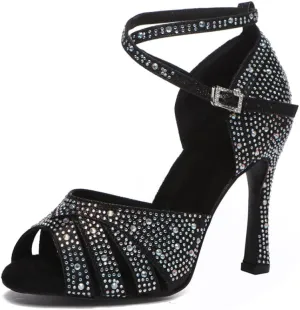 JUODVMP Women's Latin Dance Shoes Cutout Satin Ballroom Salsa Practice Dancing Shoes with Rhinestones,L549