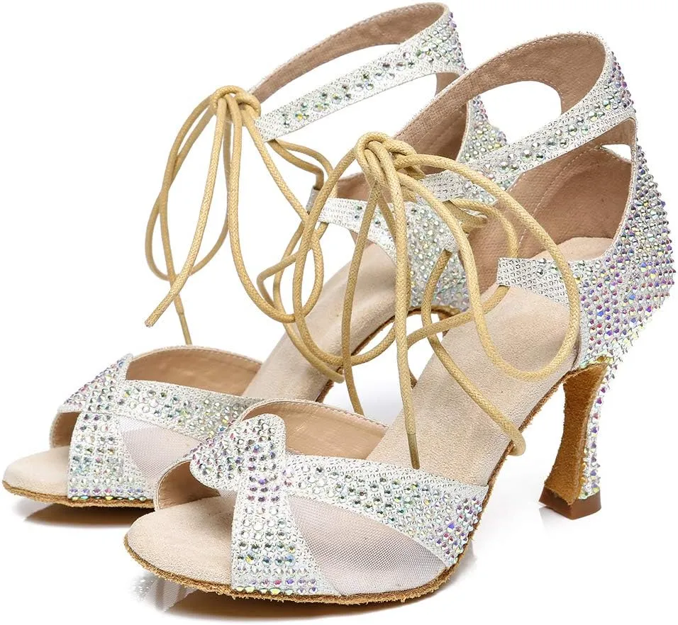 JUODVMP Women's Latin Dance Shoes with Rhinestone Peep Toe Lace Up Ballroom Salsa Tango Practice Performance Dance Shoes,Model YCL452