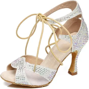 JUODVMP Women's Latin Dance Shoes with Rhinestone Peep Toe Lace Up Ballroom Salsa Tango Practice Performance Dance Shoes,Model YCL452