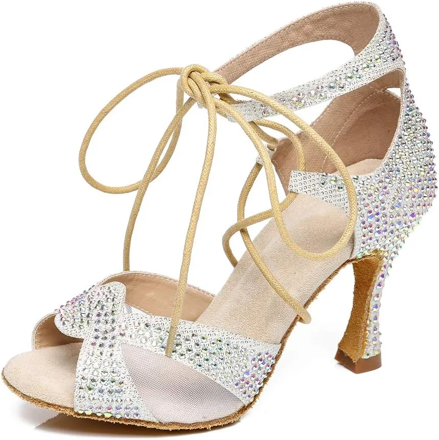 JUODVMP Women's Latin Dance Shoes with Rhinestone Peep Toe Lace Up Ballroom Salsa Tango Practice Performance Dance Shoes,Model YCL452