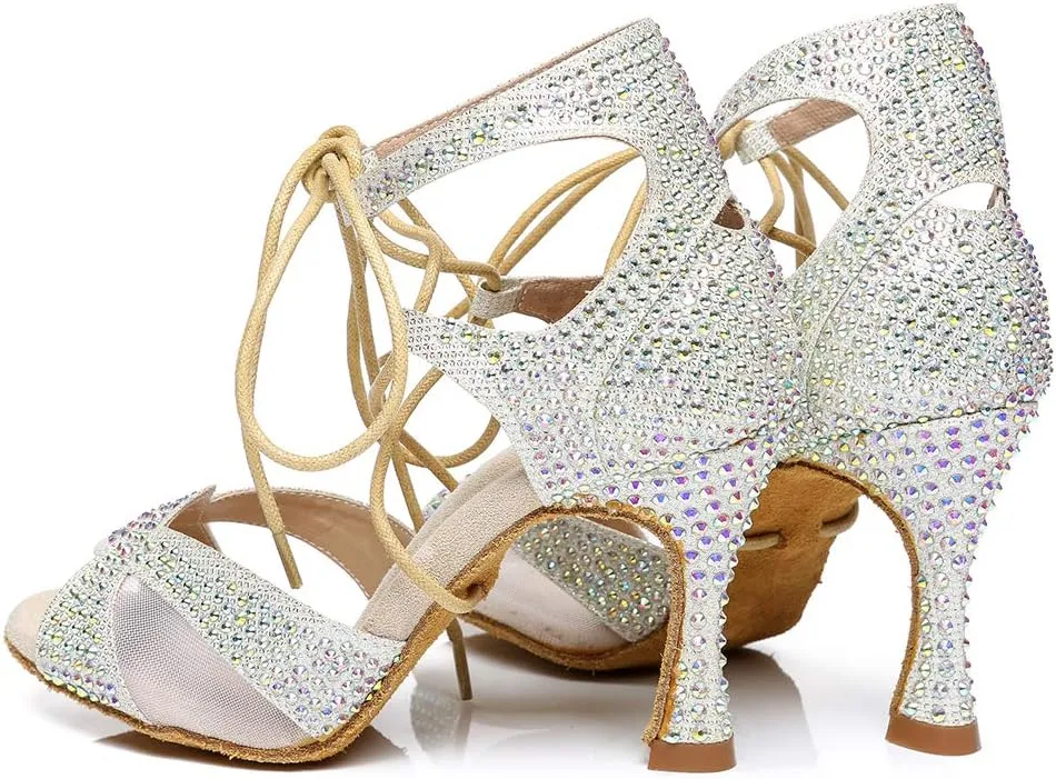 JUODVMP Women's Latin Dance Shoes with Rhinestone Peep Toe Lace Up Ballroom Salsa Tango Practice Performance Dance Shoes,Model YCL452