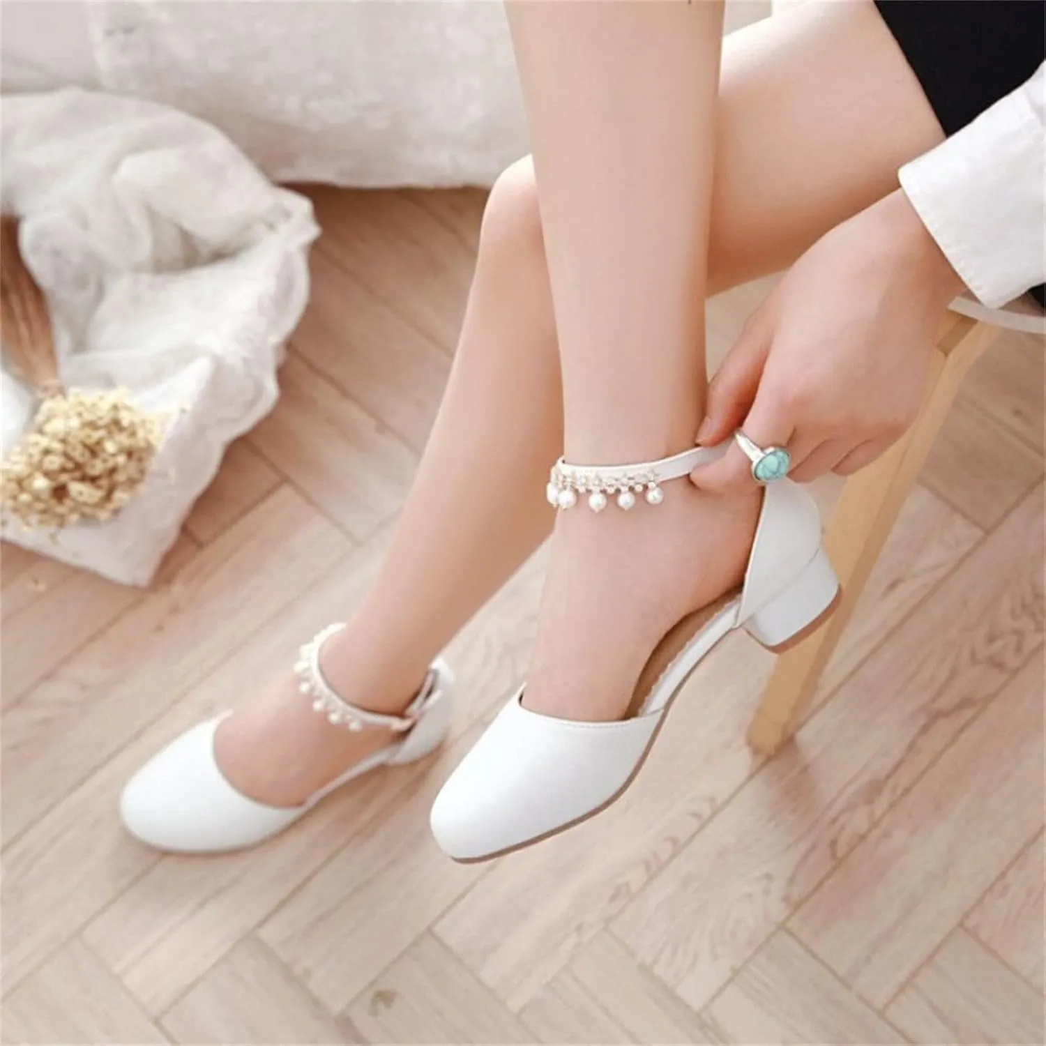 Kids Flower Girls Dress Shoes Closed Toe Chunky High Heels Mary Jane Ankle Strap Wedding Party Princess Shoes