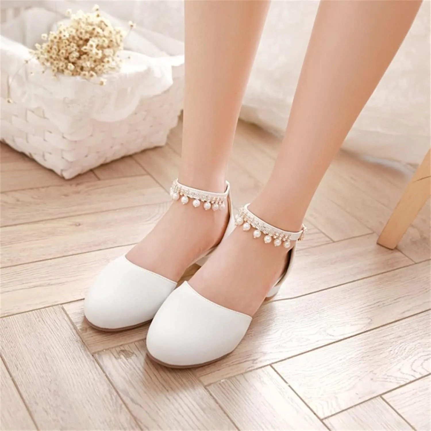 Kids Flower Girls Dress Shoes Closed Toe Chunky High Heels Mary Jane Ankle Strap Wedding Party Princess Shoes