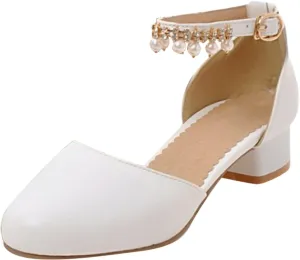 Kids Flower Girls Dress Shoes Closed Toe Chunky High Heels Mary Jane Ankle Strap Wedding Party Princess Shoes