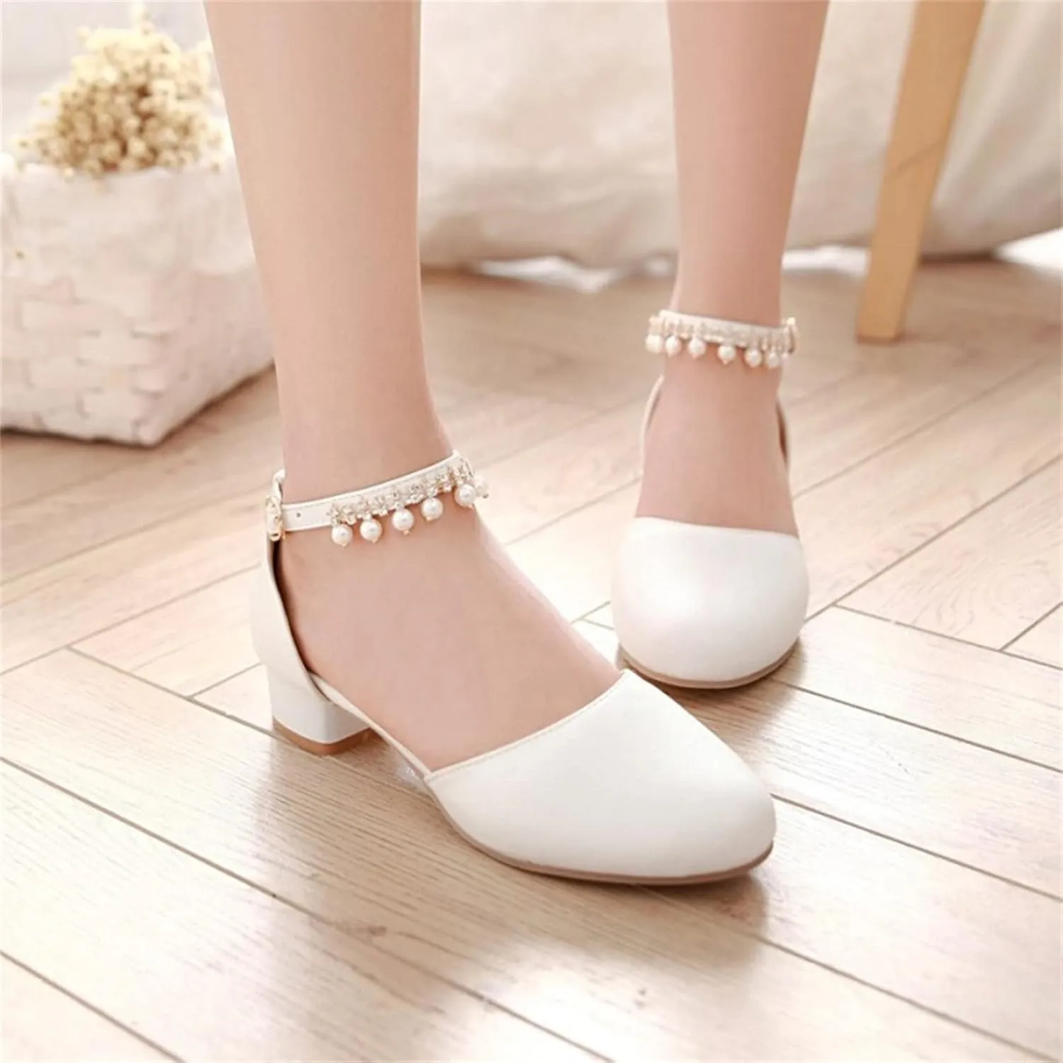 Kids Flower Girls Dress Shoes Closed Toe Chunky High Heels Mary Jane Ankle Strap Wedding Party Princess Shoes