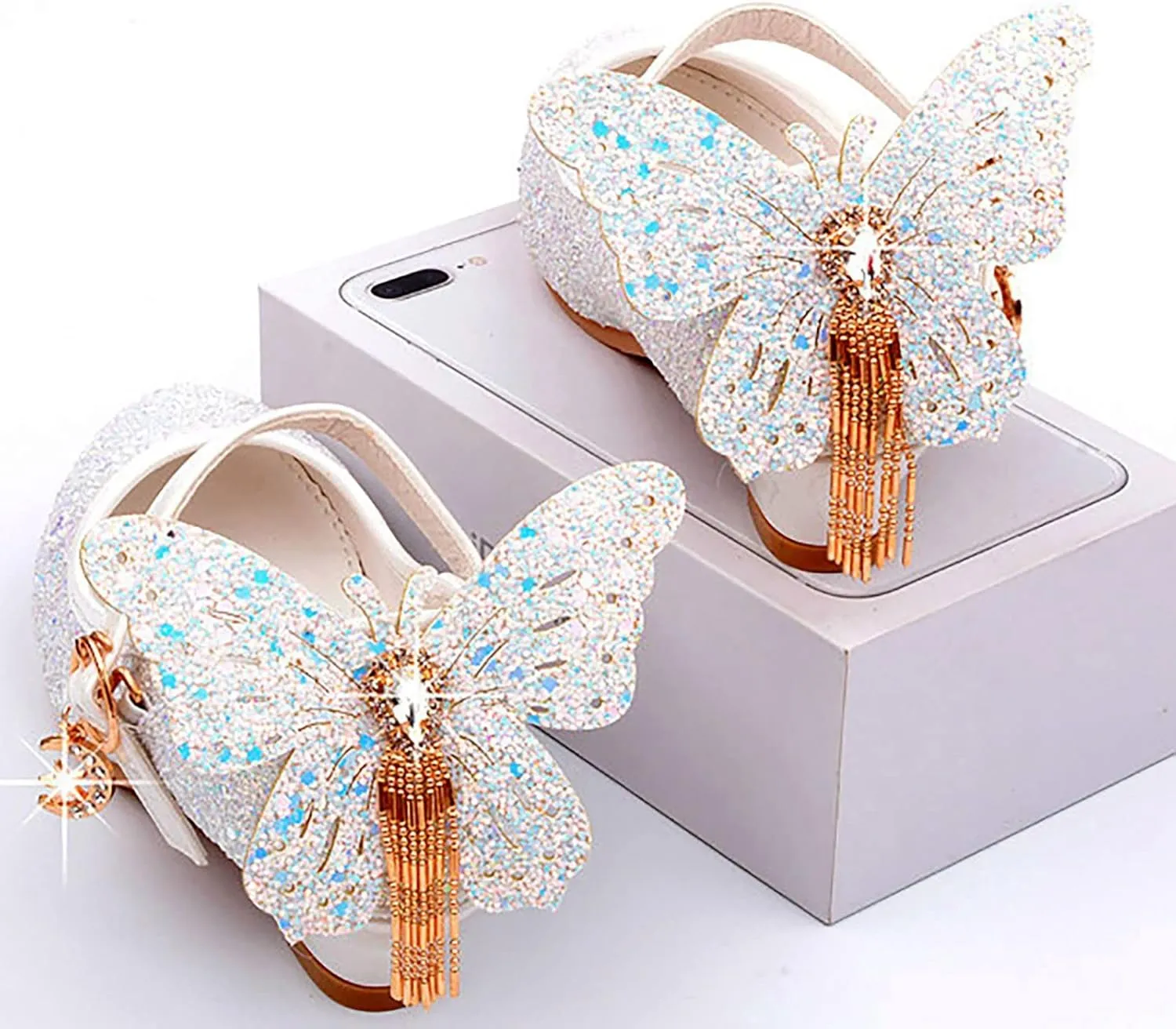 Kids Girls Sparkly Butterfly Mary Jane Wedding Party Shoes Glitter Bridesmaids Low Heels Bunny Shoes for Toddler