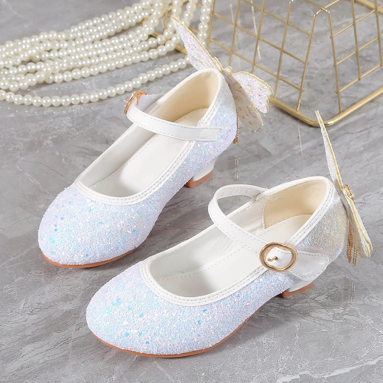 Kids Girls Sparkly Butterfly Mary Jane Wedding Party Shoes Glitter Bridesmaids Low Heels Bunny Shoes for Toddler