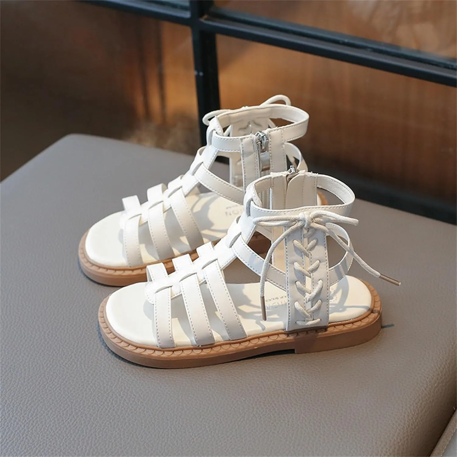 Kids High Top Flat Strappy Sandals for Girls, Retro Roman Open Toe Shoes with Ankle Strap, Cute Preppy Big Kid Shoe