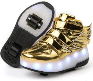 Kids LED Light Up Roller Skate Shoes with Wings Boys Girls USB Chargable Dancing Sneakers for Halloween Christmas Party Pink 30