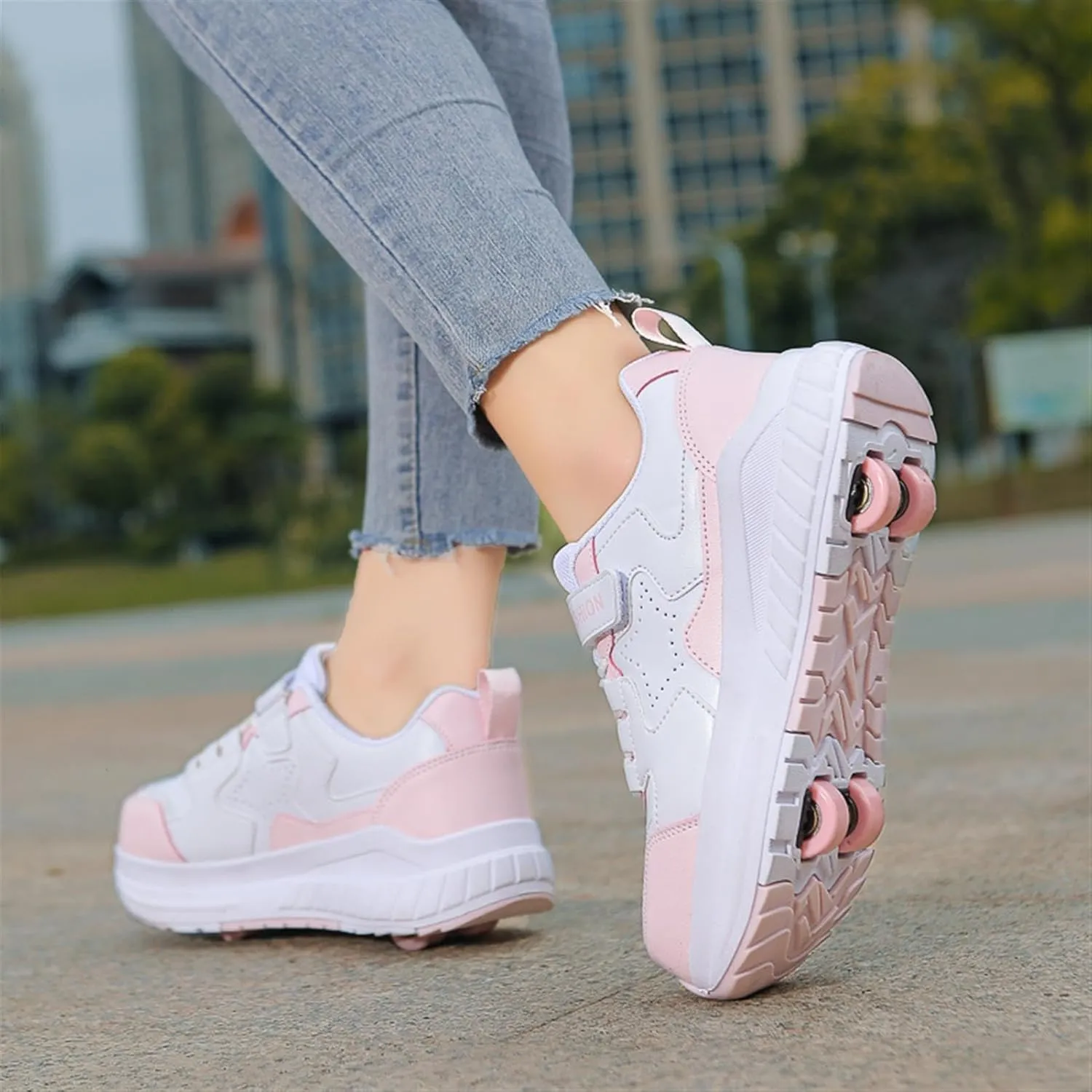 Kids Roller Shoes for Girls Boys, 4-Wheel Removable Roller Skates Sneakers Beginners Wheeled Sports Shoes Outdoor Fitness Trainers
