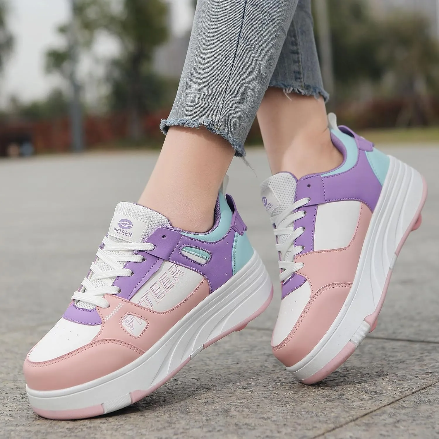 Kids Roller Shoes for Girls Boys, 4-Wheel Removable Roller Skates Sneakers Beginners Wheeled Sports Shoes Outdoor Fitness Trainers