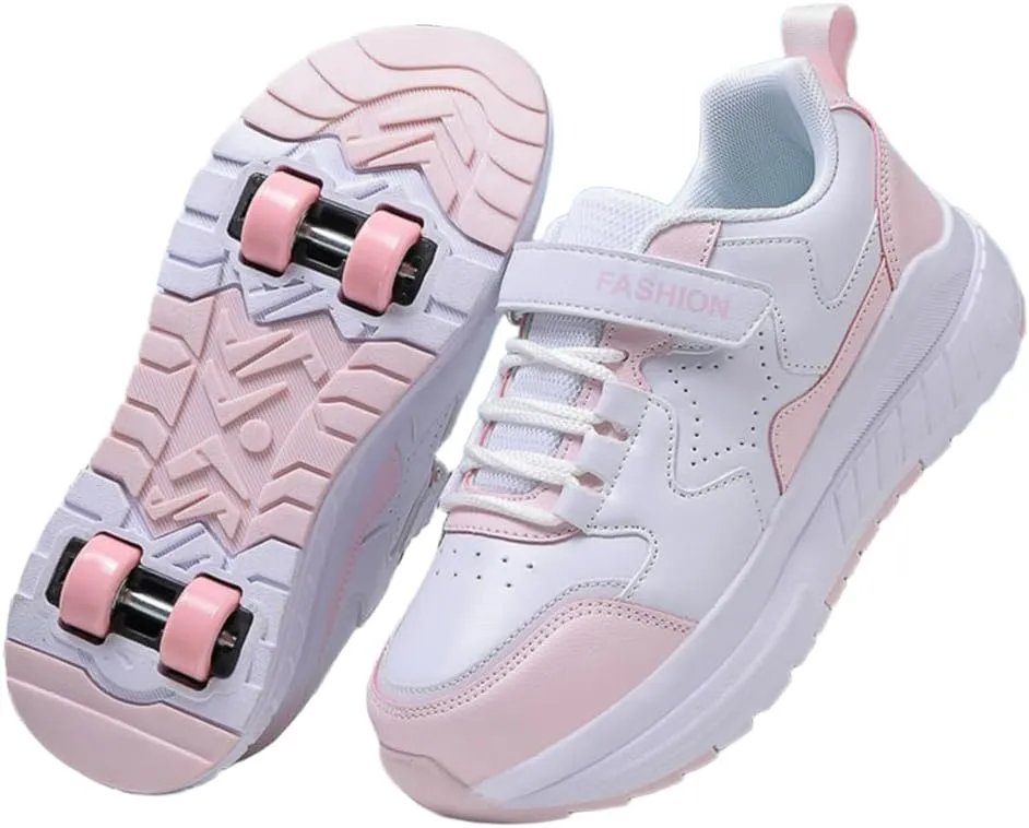 Kids Roller Shoes for Girls Boys, 4-Wheel Removable Roller Skates Sneakers Beginners Wheeled Sports Shoes Outdoor Fitness Trainers
