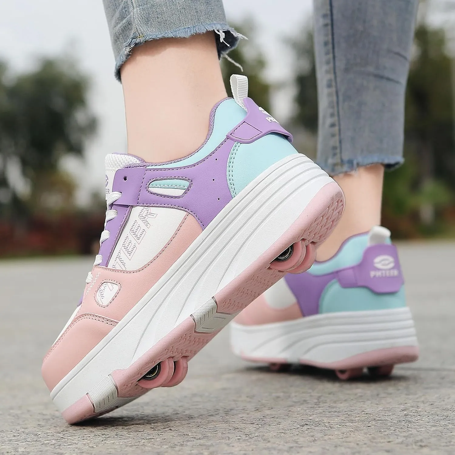 Kids Roller Shoes for Girls Boys, 4-Wheel Removable Roller Skates Sneakers Beginners Wheeled Sports Shoes Outdoor Fitness Trainers