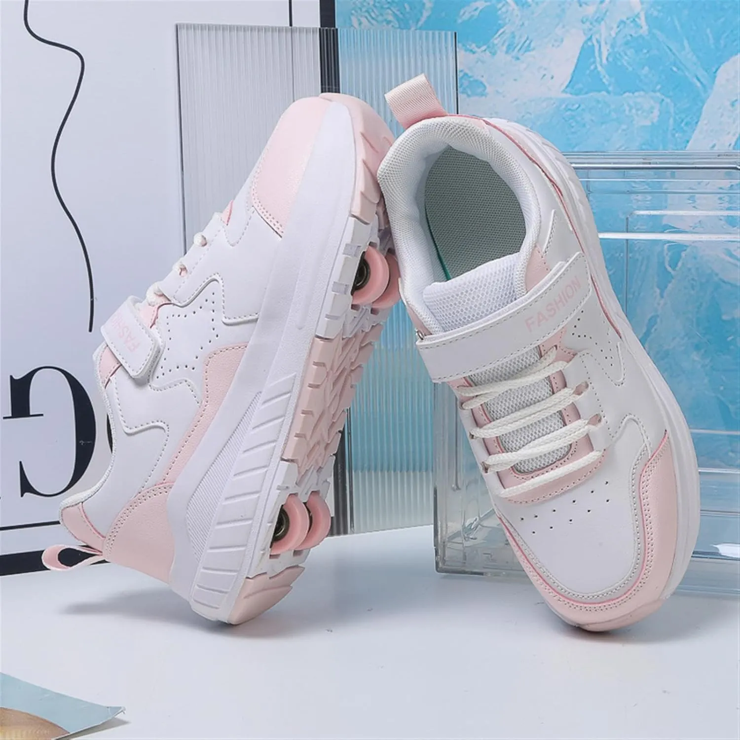 Kids Roller Shoes for Girls Boys, 4-Wheel Removable Roller Skates Sneakers Beginners Wheeled Sports Shoes Outdoor Fitness Trainers