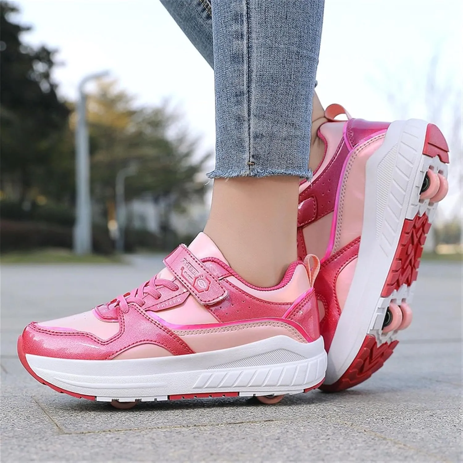 Kids Roller Shoes for Girls Boys, 4-Wheel Removable Roller Skates Sneakers Beginners Wheeled Sports Shoes Outdoor Fitness Trainers
