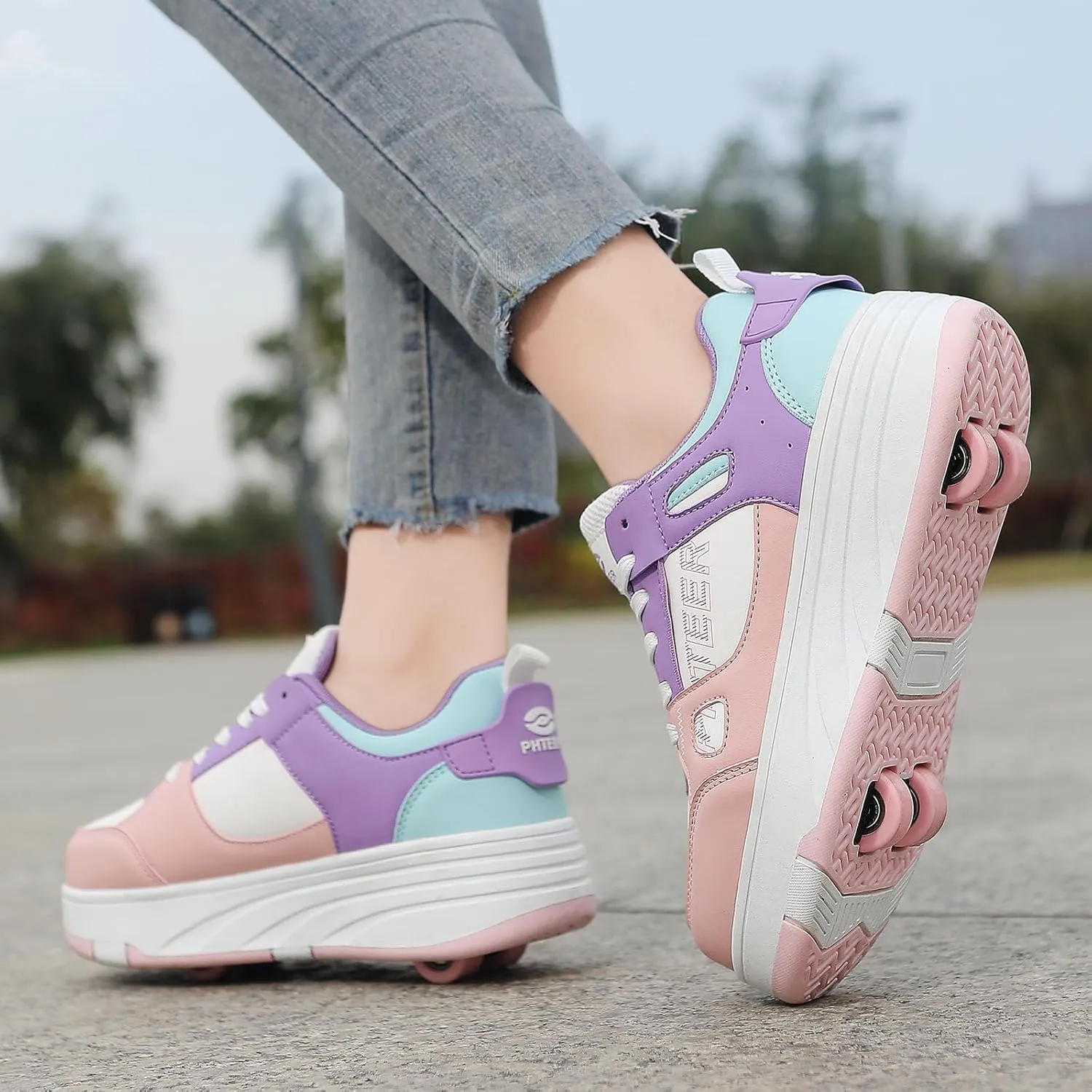 Kids Roller Shoes for Girls Boys, 4-Wheel Removable Roller Skates Sneakers Beginners Wheeled Sports Shoes Outdoor Fitness Trainers