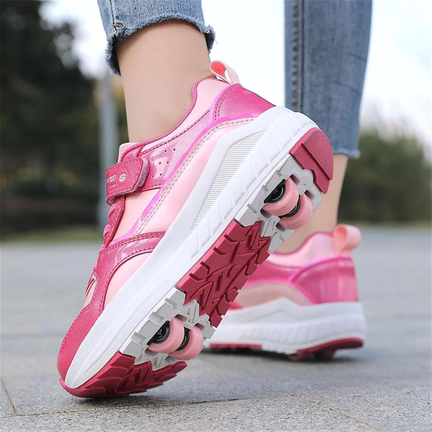 Kids Roller Shoes for Girls Boys, 4-Wheel Removable Roller Skates Sneakers Beginners Wheeled Sports Shoes Outdoor Fitness Trainers