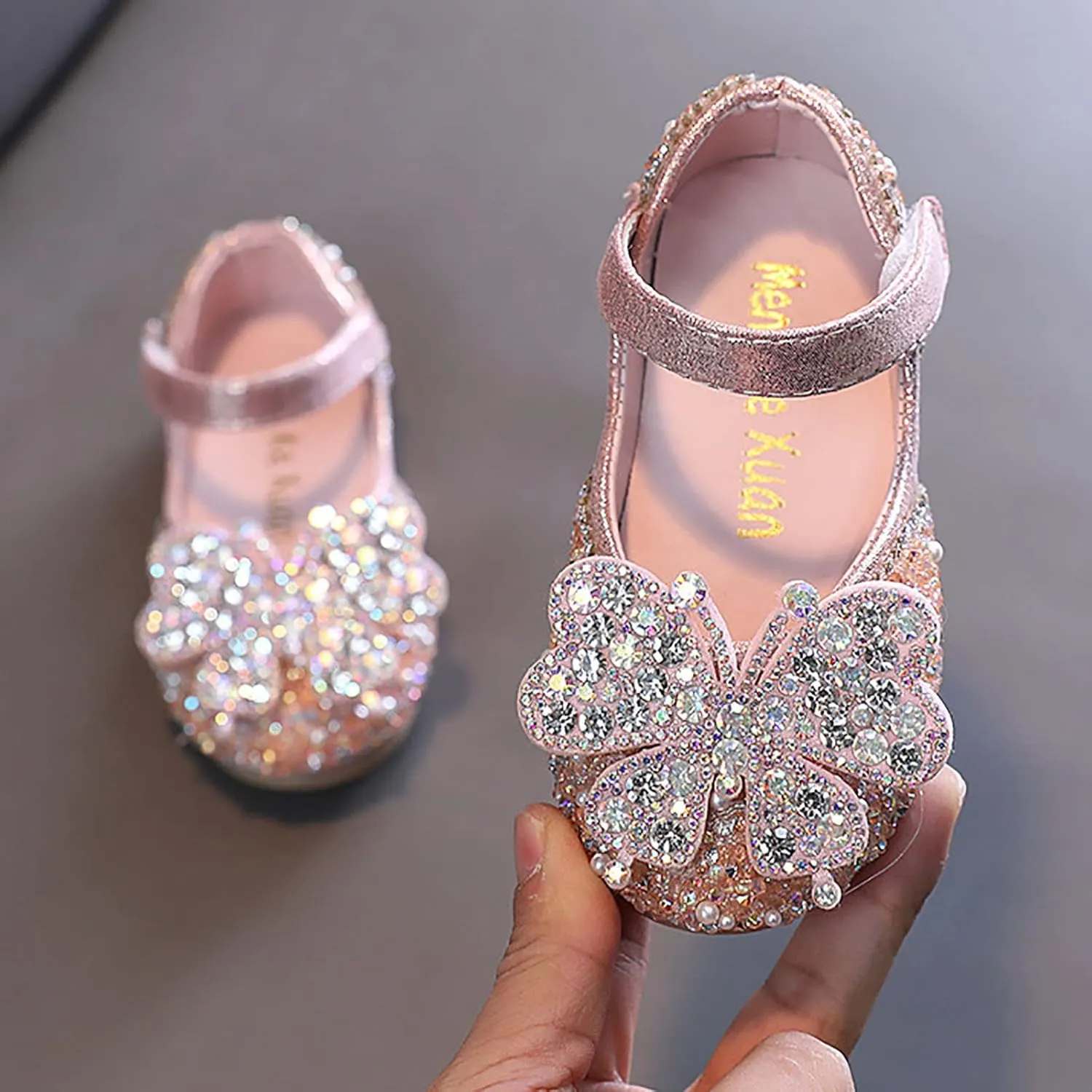 Kids Toddler Girls Rhinestones Butterfly Dress Shoes Flat Bottom Cute Princess Sandals Flower Wedding Party Shoes