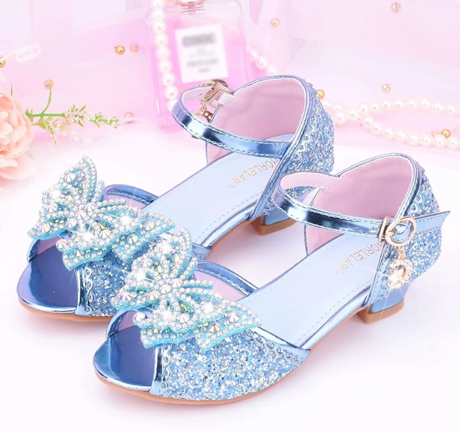 Kids Toddler Girls Rhinestones Butterfly Dress Shoes Wedding Party Open Toe Heel Mary Jane Princess Flower Shoes