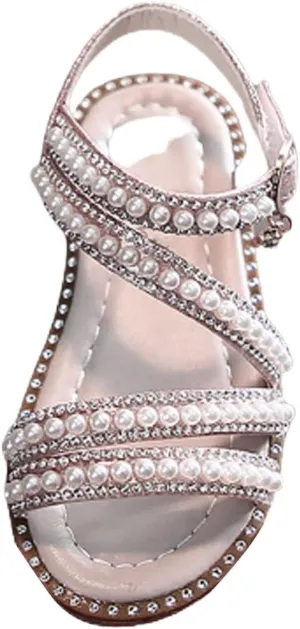 Kids Toddler Girls Rhinestones Pearl Open Toe Sandals Flat Bottom Princess Shoes Dress Sandals Fashion Shoes