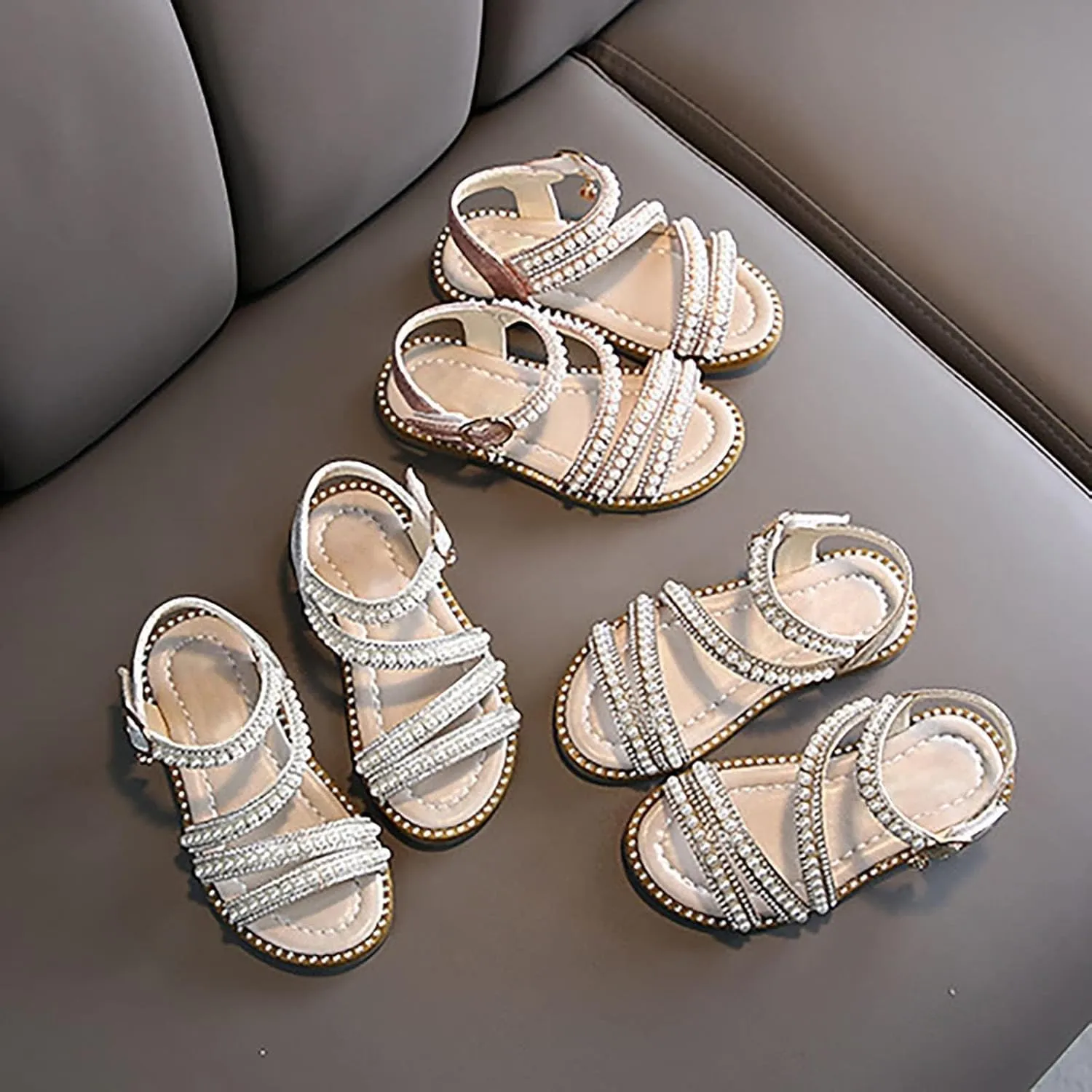Kids Toddler Girls Rhinestones Pearl Open Toe Sandals Flat Bottom Princess Shoes Dress Sandals Fashion Shoes