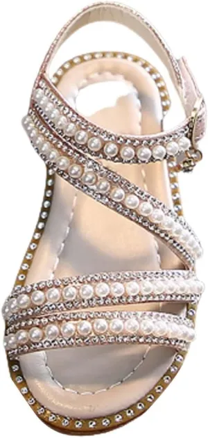 Kids Toddler Girls Rhinestones Pearl Open Toe Sandals Flat Bottom Princess Shoes Dress Sandals Fashion Shoes