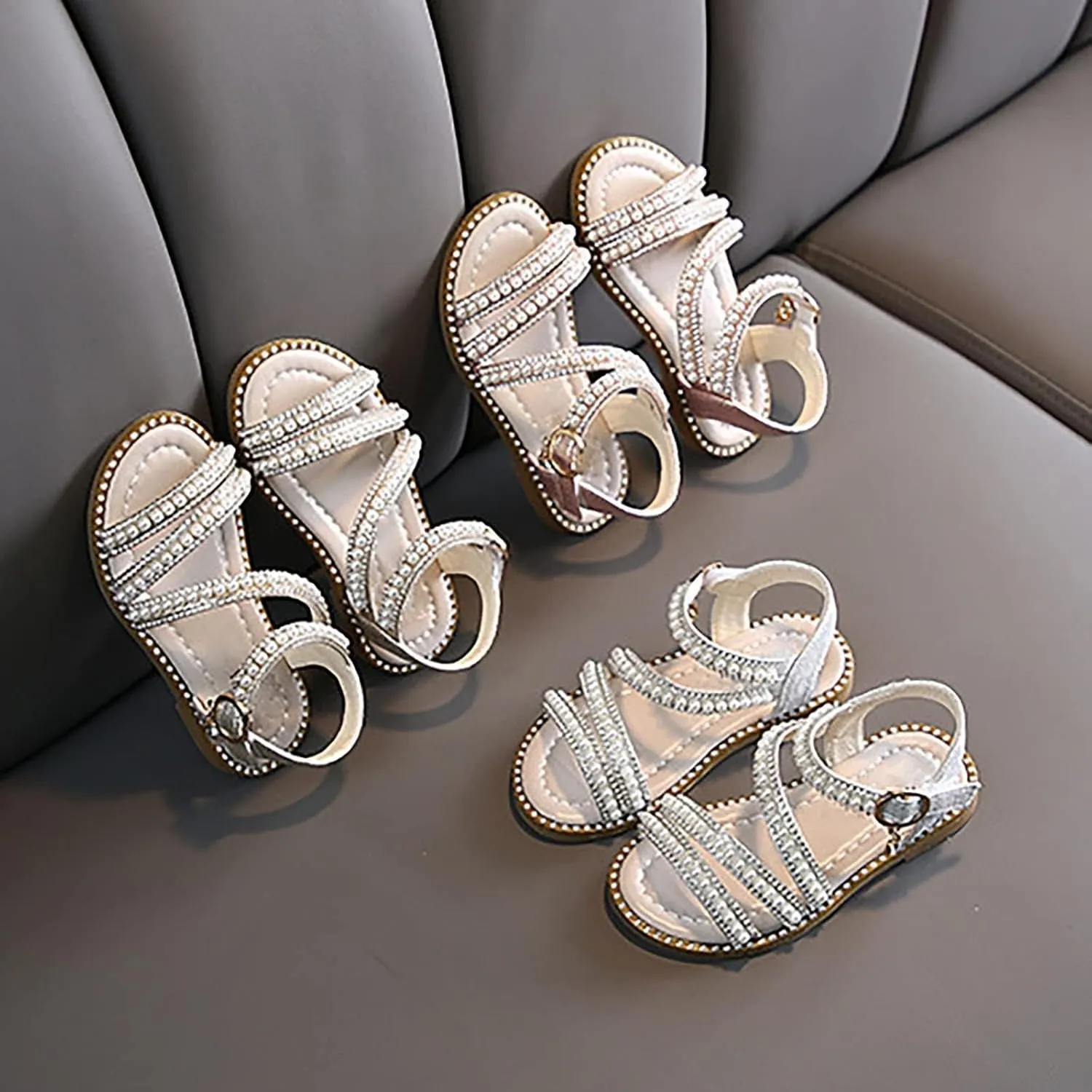 Kids Toddler Girls Rhinestones Pearl Open Toe Sandals Flat Bottom Princess Shoes Dress Sandals Fashion Shoes