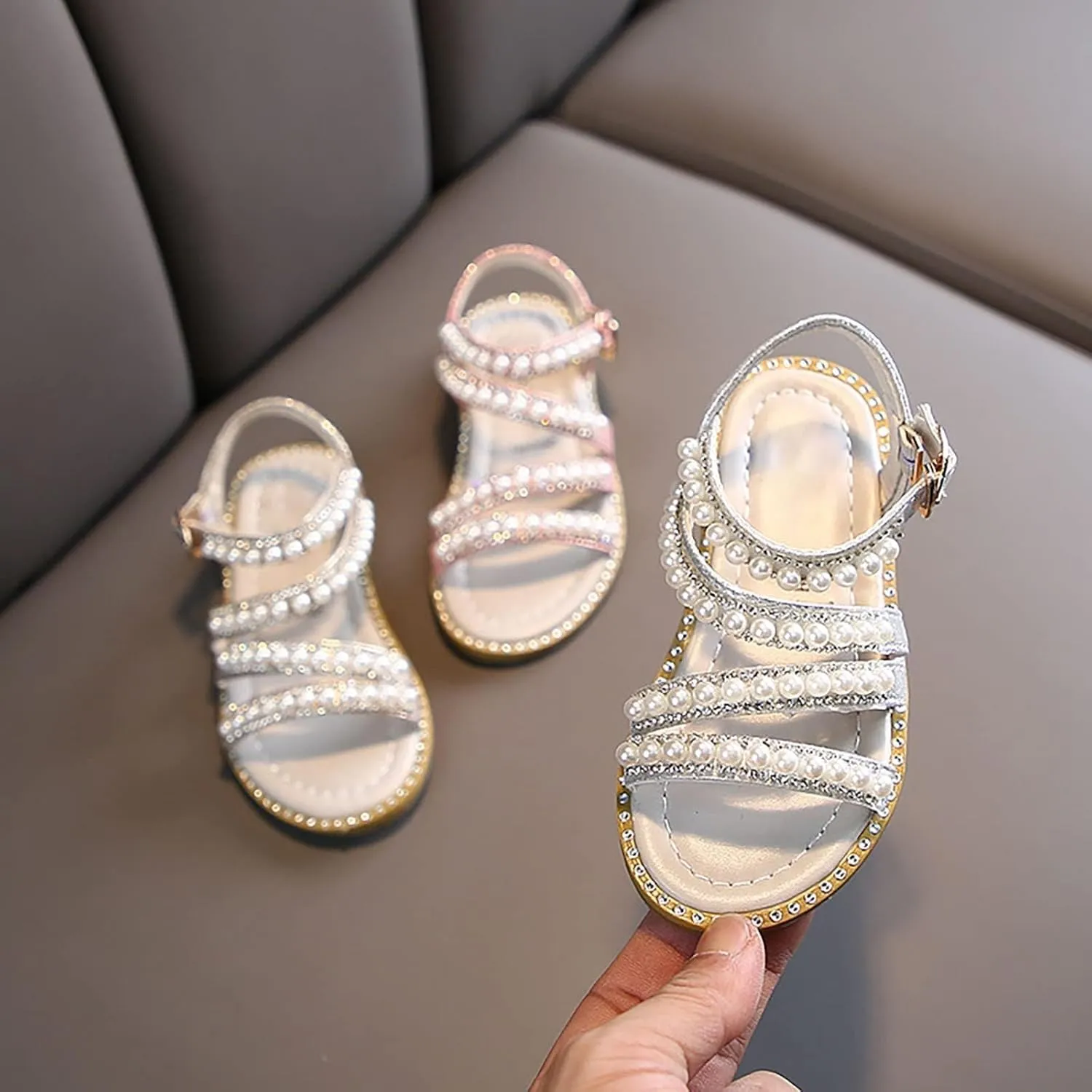 Kids Toddler Girls Rhinestones Pearl Open Toe Sandals Flat Bottom Princess Shoes Dress Sandals Fashion Shoes
