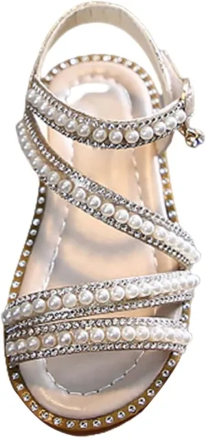 Kids Toddler Girls Rhinestones Pearl Open Toe Sandals Flat Bottom Princess Shoes Dress Sandals Fashion Shoes