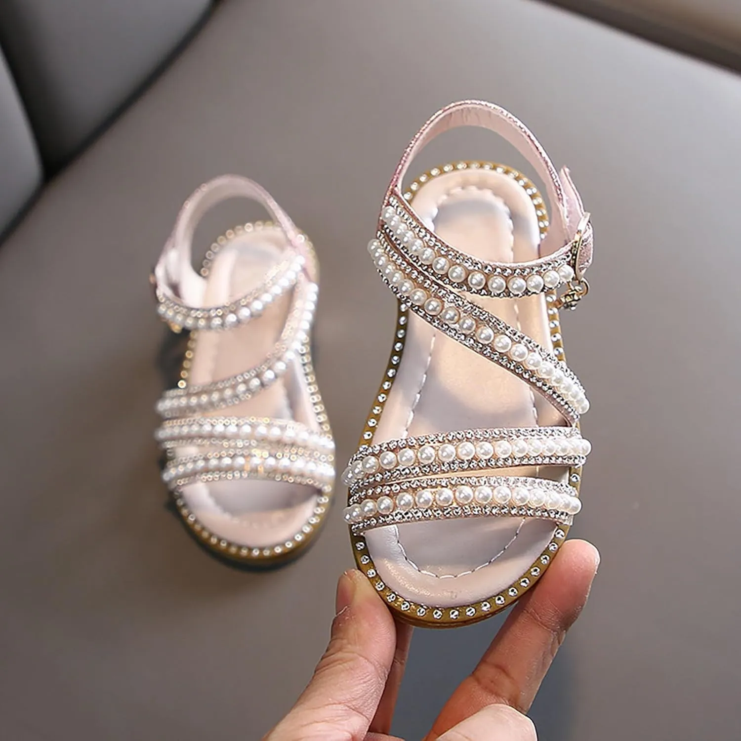 Kids Toddler Girls Rhinestones Pearl Open Toe Sandals Flat Bottom Princess Shoes Dress Sandals Fashion Shoes