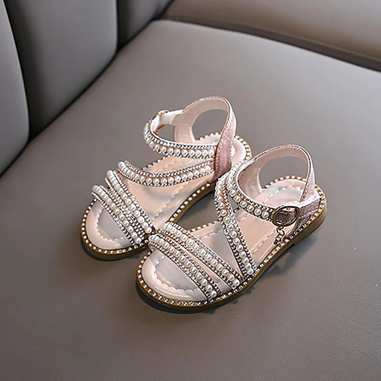 Kids Toddler Girls Rhinestones Pearl Open Toe Sandals Flat Bottom Princess Shoes Dress Sandals Fashion Shoes