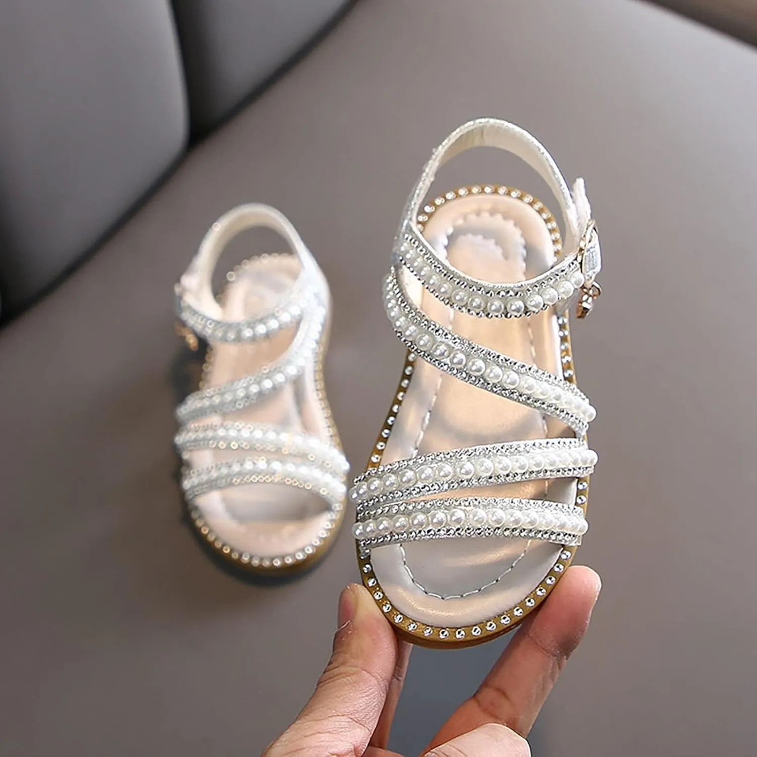 Kids Toddler Girls Rhinestones Pearl Open Toe Sandals Flat Bottom Princess Shoes Dress Sandals Fashion Shoes