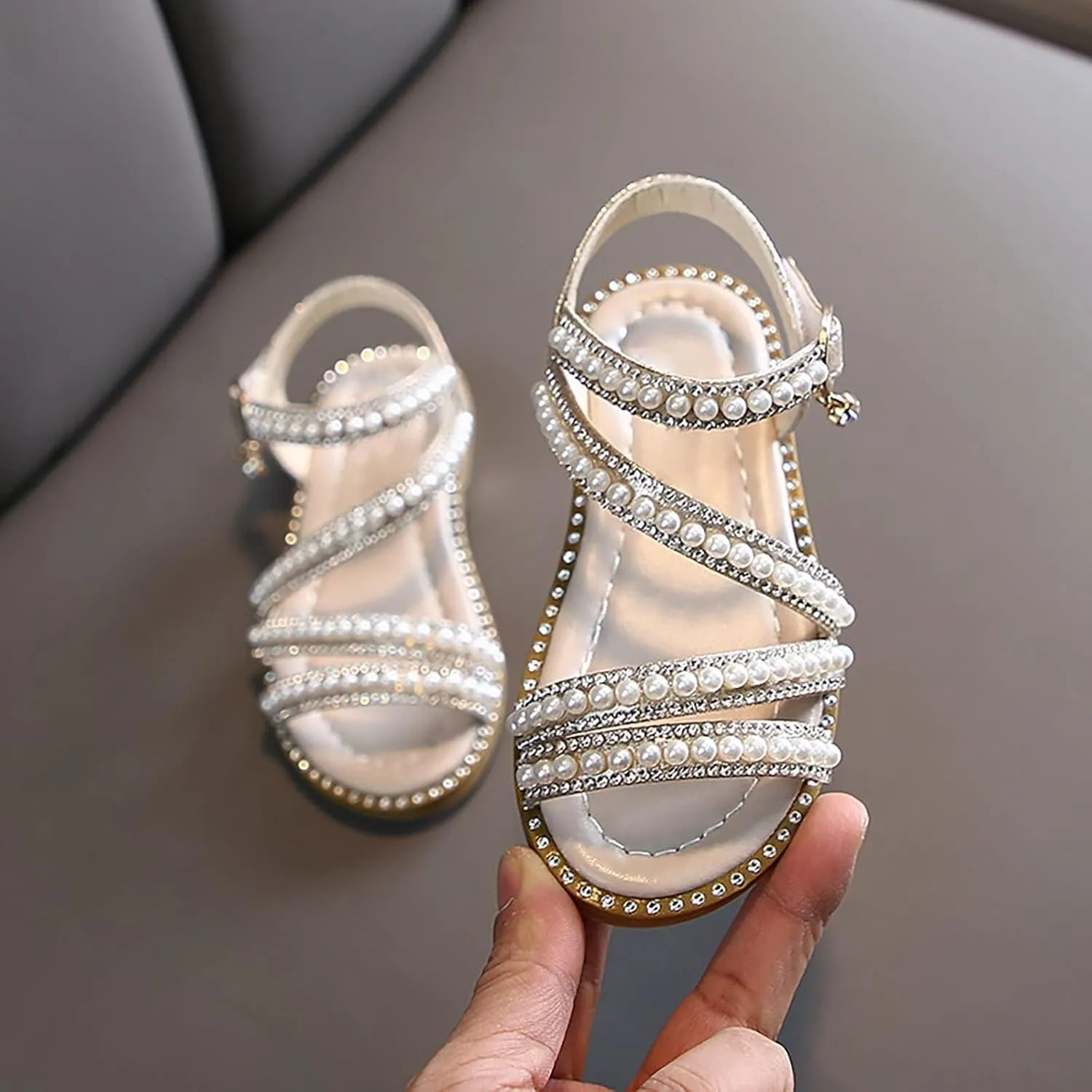 Kids Toddler Girls Rhinestones Pearl Open Toe Sandals Flat Bottom Princess Shoes Dress Sandals Fashion Shoes