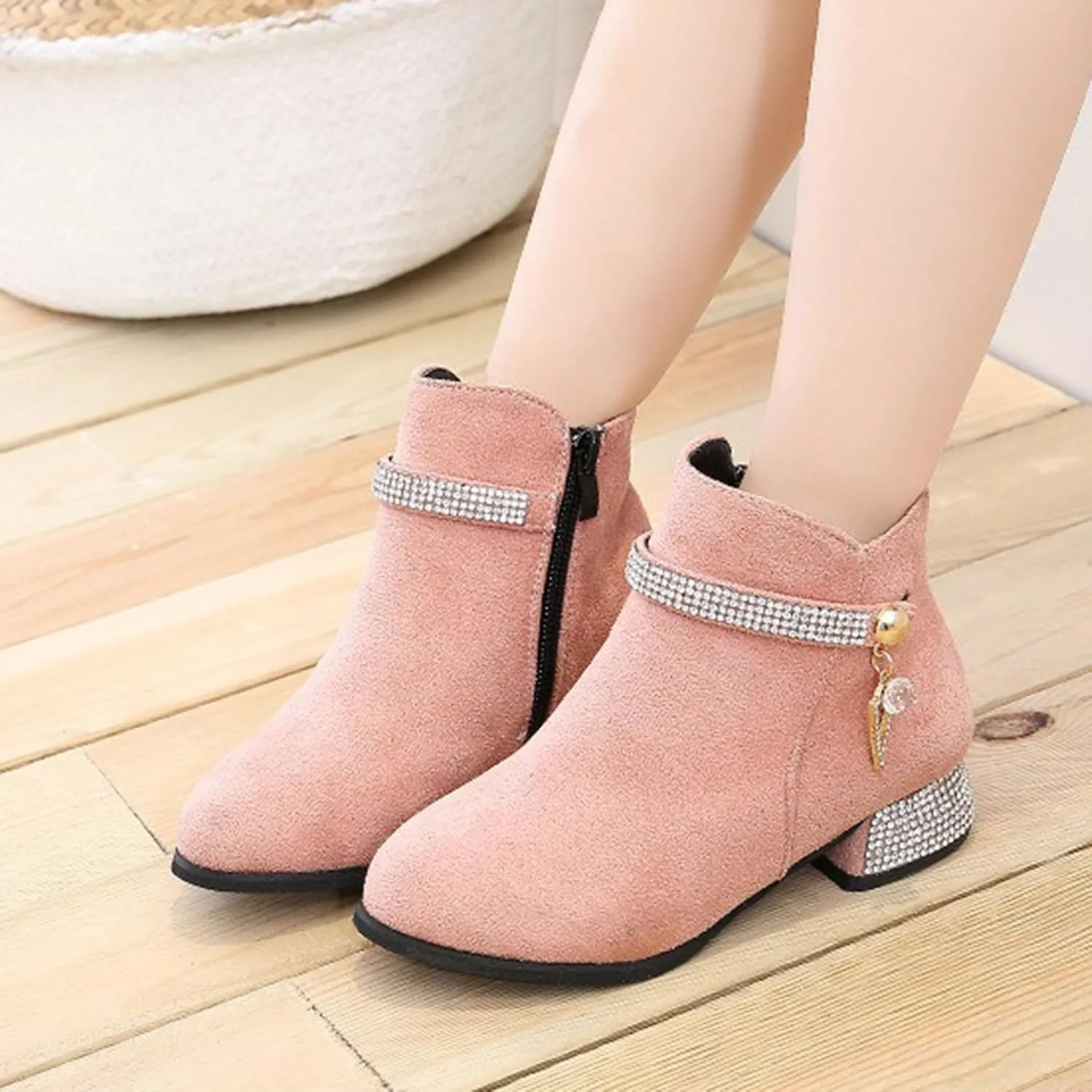 Kids Winter Boots Girls Dress Boots Short Shoes Girls Comfort Ankle Boots Low Chunky Heel Side Zipper Dress Boots