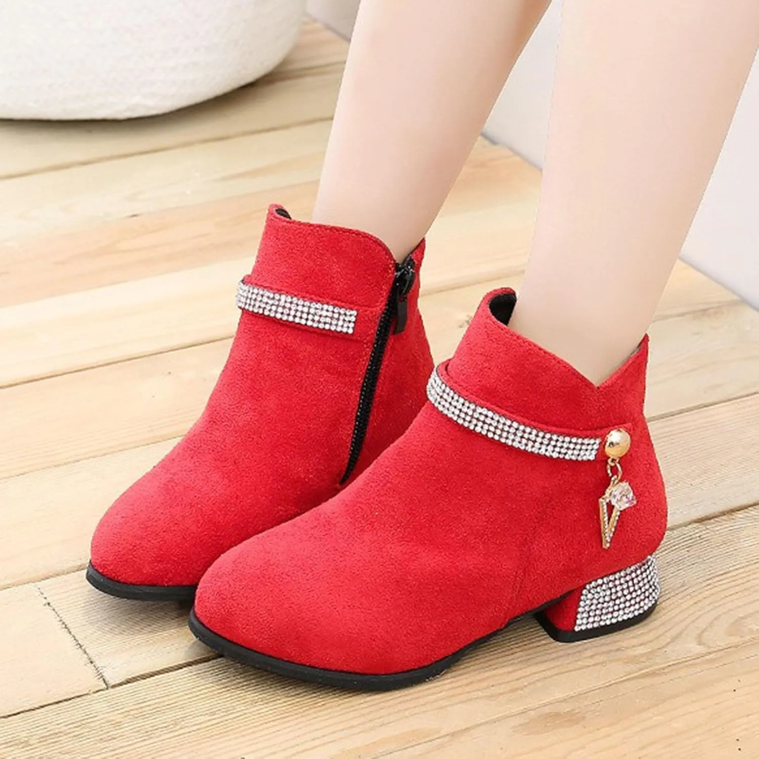 Kids Winter Boots Girls Dress Boots Short Shoes Girls Comfort Ankle Boots Low Chunky Heel Side Zipper Dress Boots