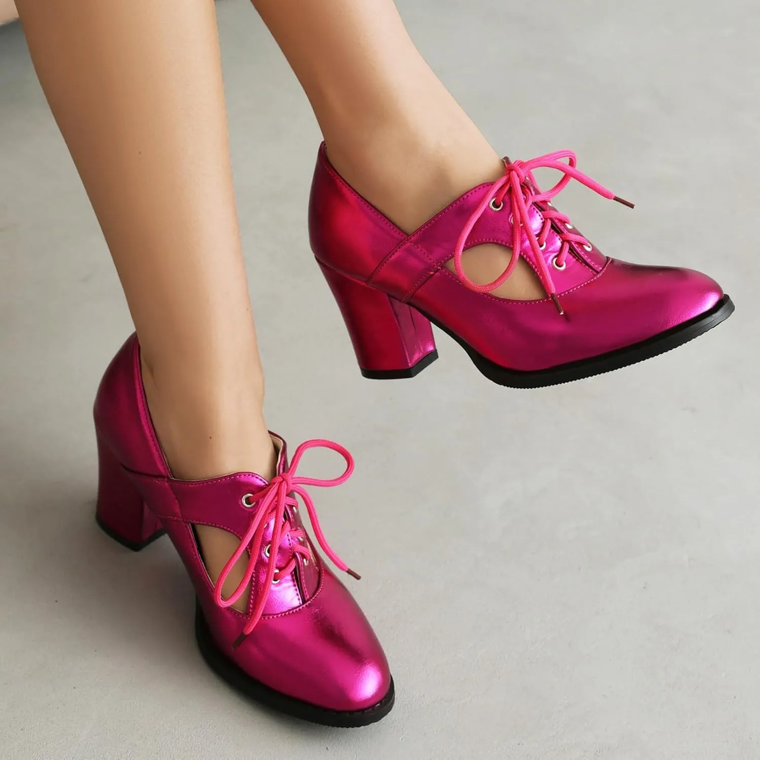 KysBloes Women Chunky Heel Oxford Shoes Lace Up Closed Toe Vintage Saddle Shoes Metallic Glitter Mid Heel Cut Out Booties