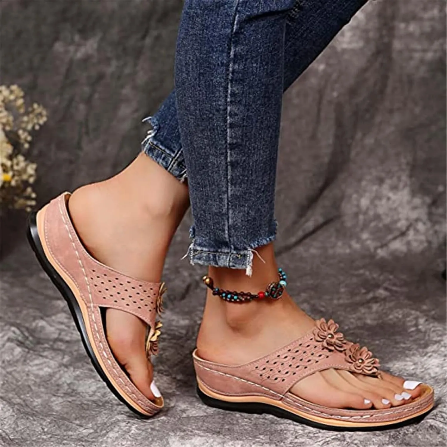 Ladmiple Womens Casual Summer Orthopedic Platform Flip Flops with Arch Support Slip On Sandal Beach Roman Clip Toe Shoes