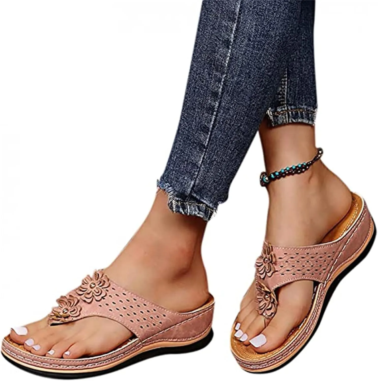 Ladmiple Womens Casual Summer Orthopedic Platform Flip Flops with Arch Support Slip On Sandal Beach Roman Clip Toe Shoes