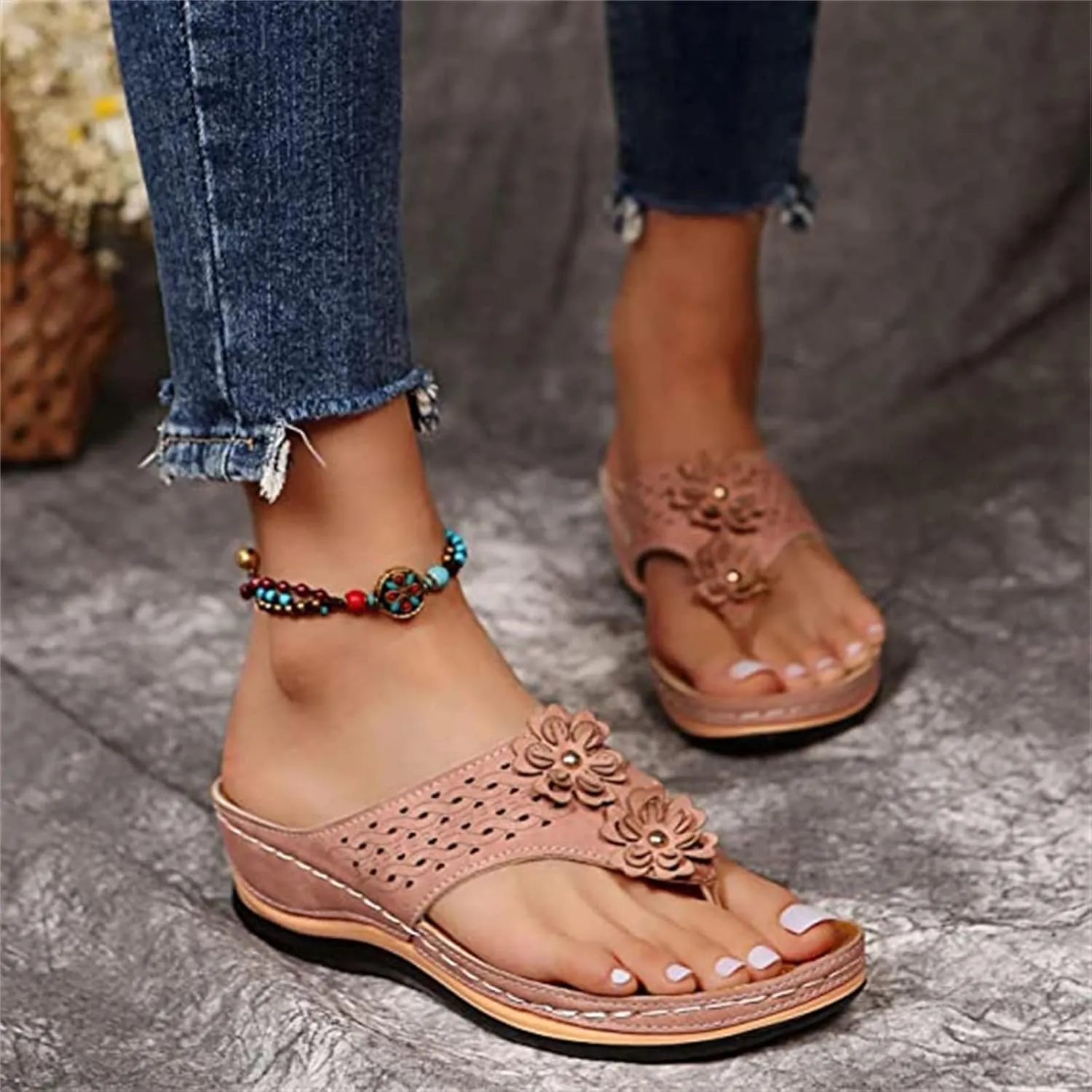 Ladmiple Womens Casual Summer Orthopedic Platform Flip Flops with Arch Support Slip On Sandal Beach Roman Clip Toe Shoes