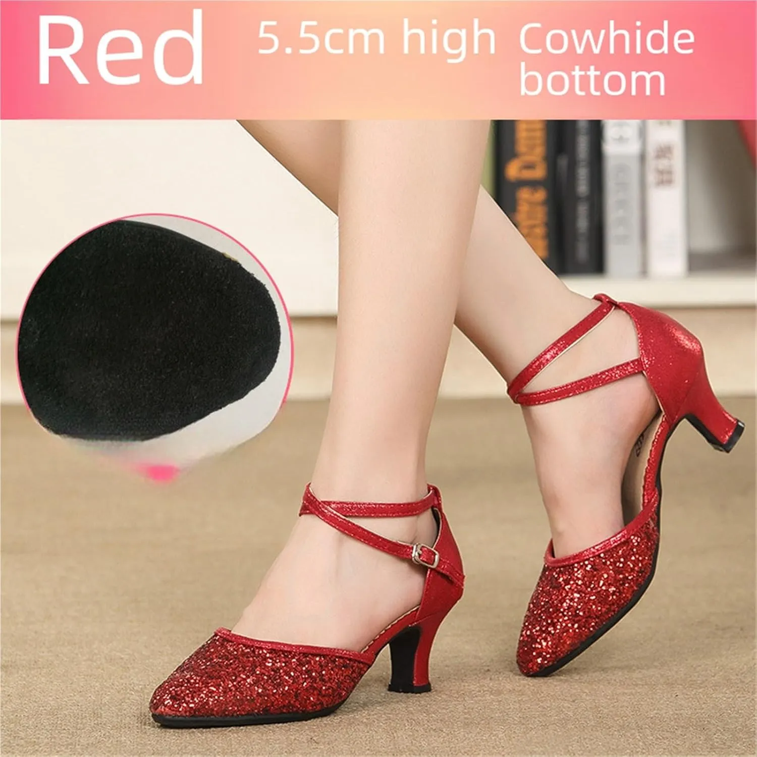 Latin Dance Shoes for Women Women Dance Shoes Square Latin Mid-high Heels Social Soft Sole Dance Shoes(5.5cm red Wool Bottom,37)