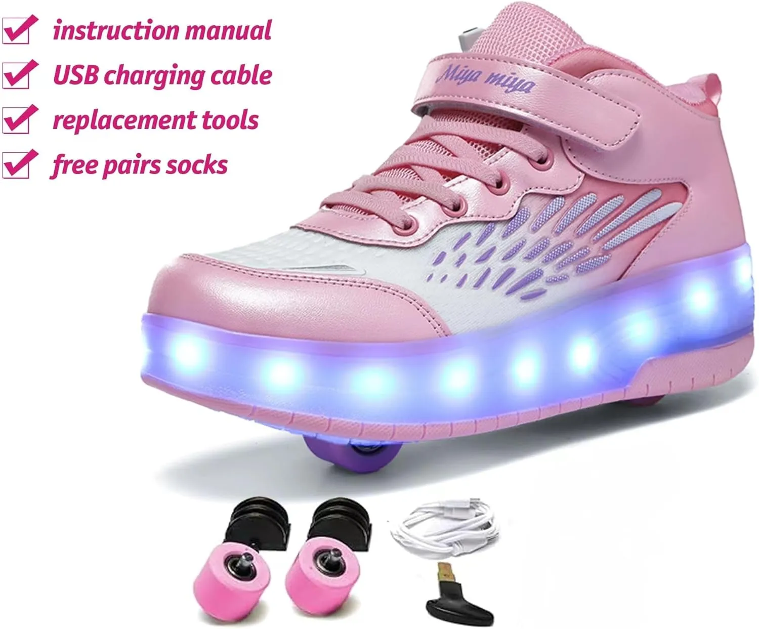 LED Roller Skate Shoes for Kids Boys Girls Light Up Roller Sneakers with Detachable Wheels Rechargeable Flashing Wheeled Shoes